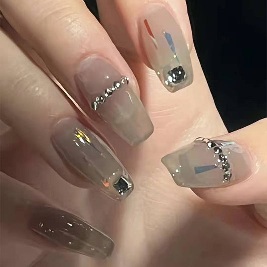 Coffin Press-On Nails - Sheer Grey with Strokes & Crystal