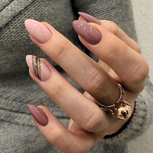 Short Almond Press-On Nails - Pink with Slanted Lines & Gold