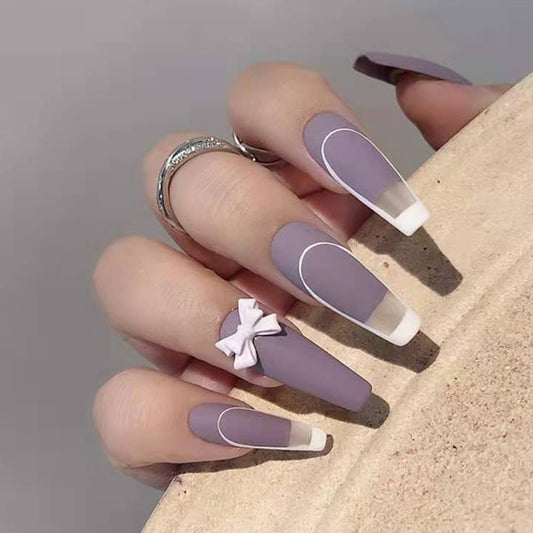 Coffin Press-On Nails - Matte Purple French with 3D Bow