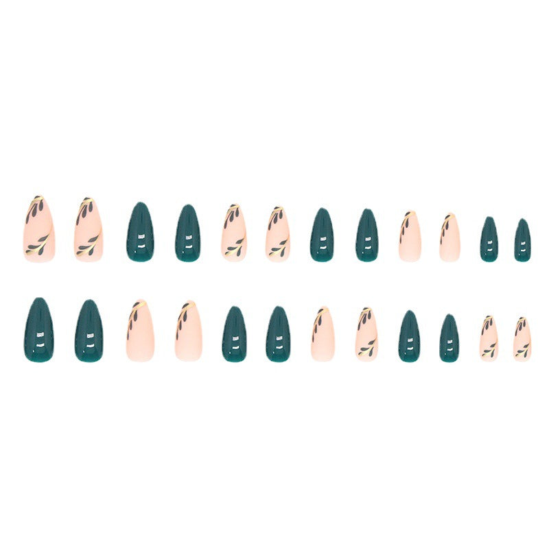 Almond Press-On Nails - Forest Green & Nude with Gold Leaves