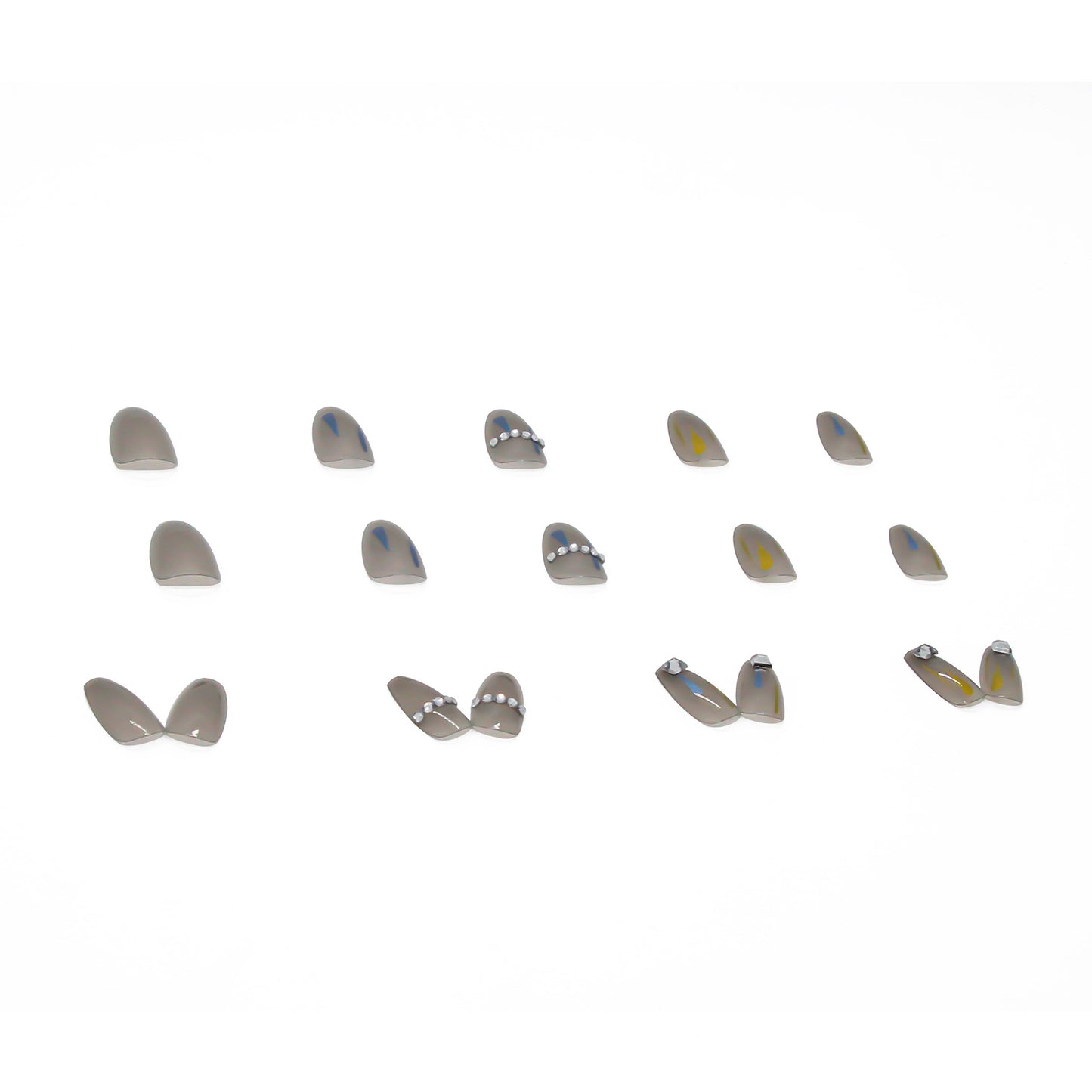 Coffin Press-On Nails - Sheer Grey with Strokes & Crystal