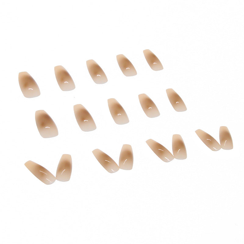 Long Coffin Press-On Nails - Sheer Nude with Mocha Brown Aura Design