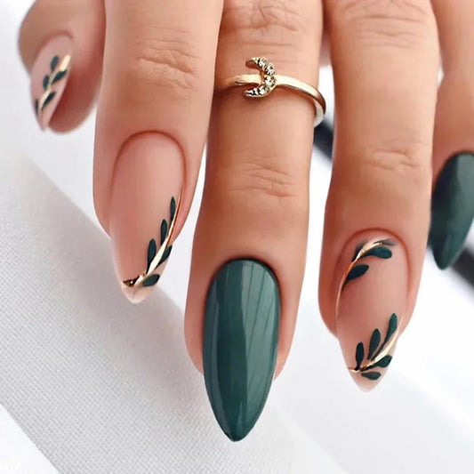 Almond Press-On Nails - Forest Green & Nude with Gold Leaves