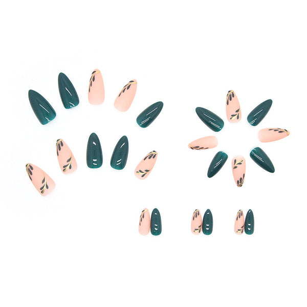 Almond Press-On Nails - Forest Green & Nude with Gold Leaves