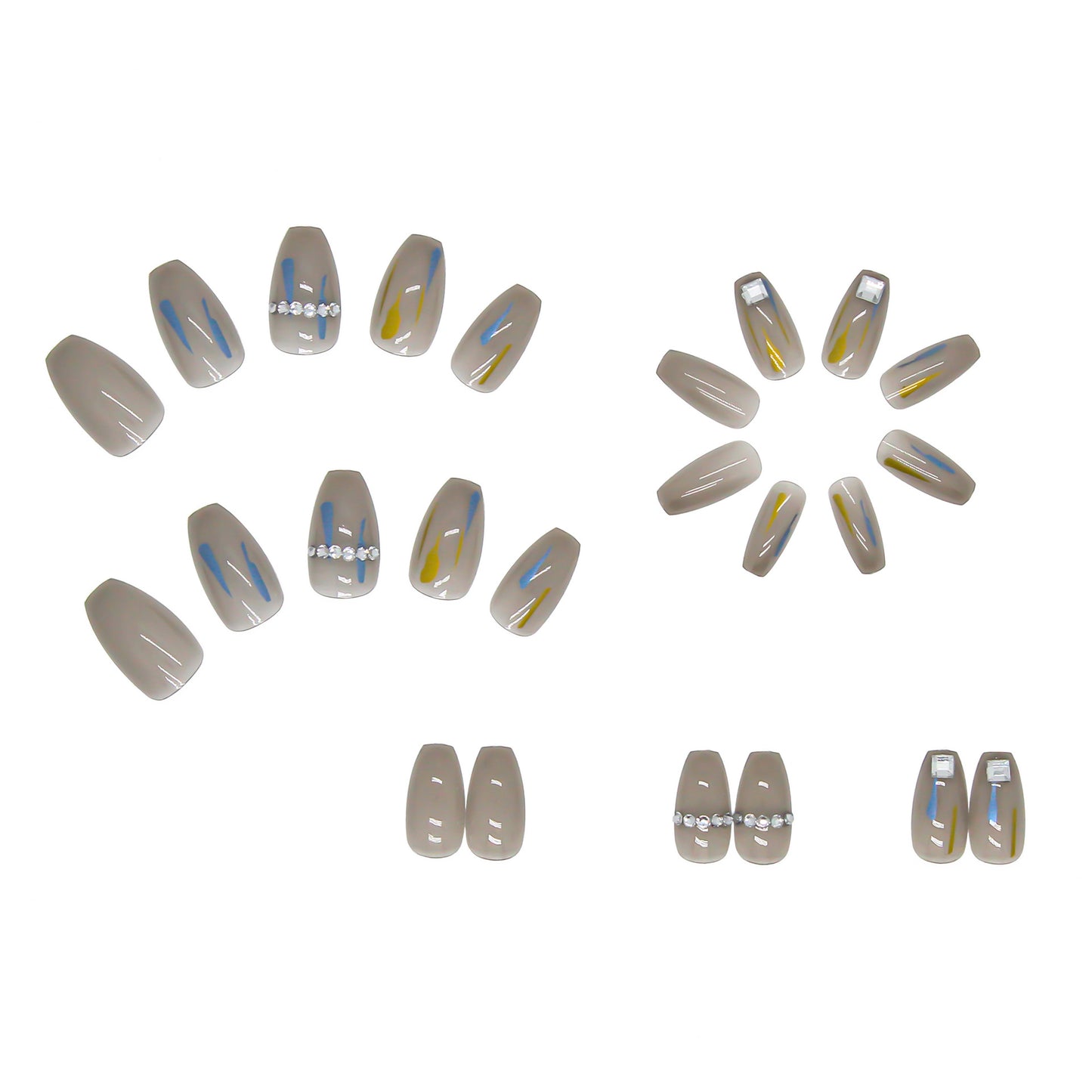 Coffin Press-On Nails - Sheer Grey with Strokes & Crystal