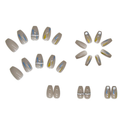 Coffin Press-On Nails - Sheer Grey with Strokes & Crystal