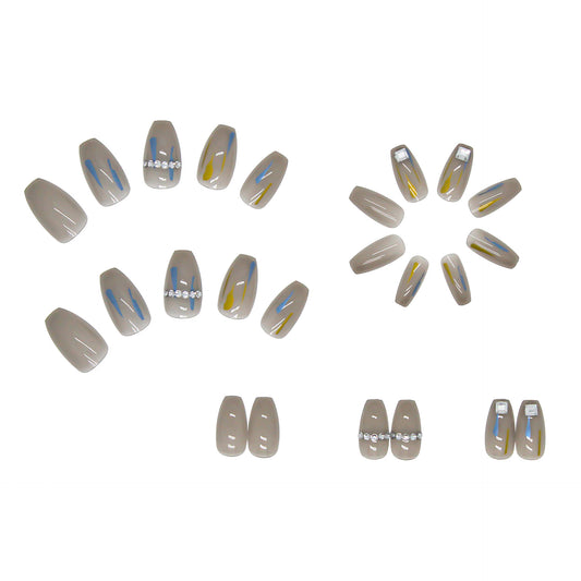 Coffin Press-On Nails - Sheer Grey with Strokes & Crystal