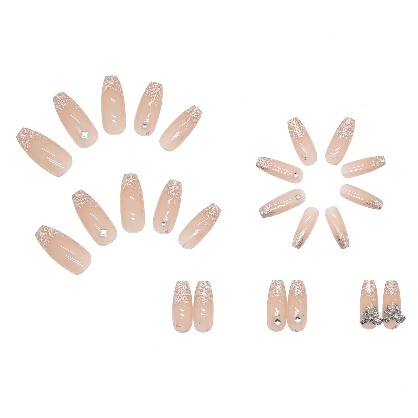 Coffin Press-On Nails - Nude Pink with Glitter & 3D Butterfly