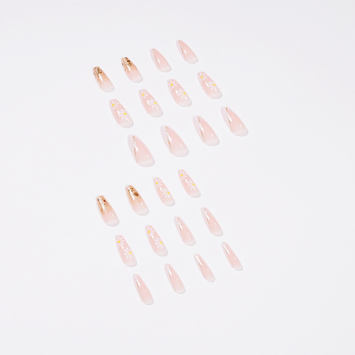Long Coffin Press-On Nails - Daisy & Rose Gold V-French Tips
