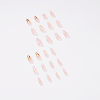 Long Coffin Press-On Nails - Daisy & Rose Gold V-French Tips
