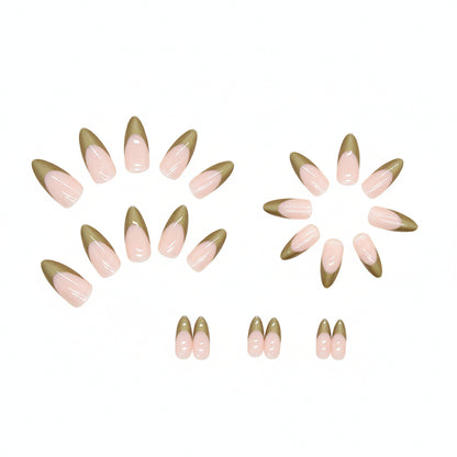 Almond Press-On Nails - Metallic Gold French Tip & Nude Base