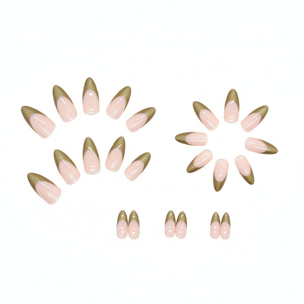 Almond Press-On Nails - Metallic Gold French Tip & Nude Base