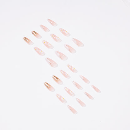 Long Coffin Press-On Nails - Daisy & Rose Gold V-French Tips
