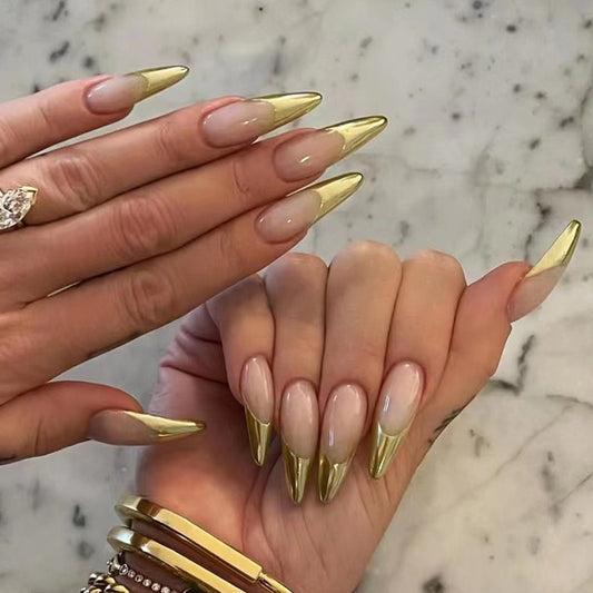 Almond Press-On Nails - Metallic Gold French Tip & Nude Base