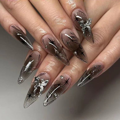 Almond Press-On Nails - Grey Ombre with Silver Butterflies