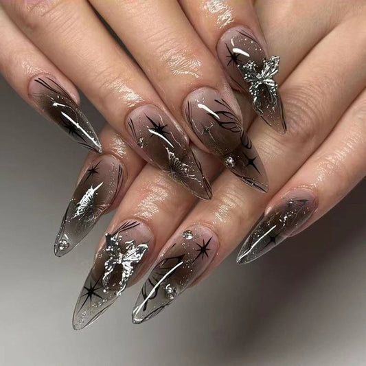 Almond Press-On Nails - Grey Ombre with Silver Butterflies