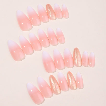 Almond Press-On Nails - Pink & White Ombre with Gold Flakes