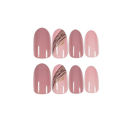 Short Almond Press-On Nails - Pink with Slanted Lines & Gold
