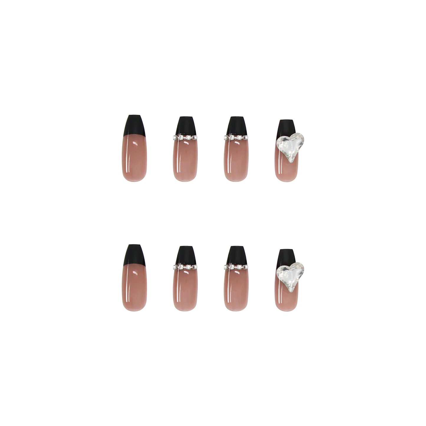 Long Coffin Press-On Nails - Nude & Black French with 3D Heart