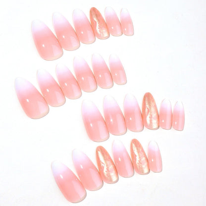 Almond Press-On Nails - Pink & White Ombre with Gold Flakes