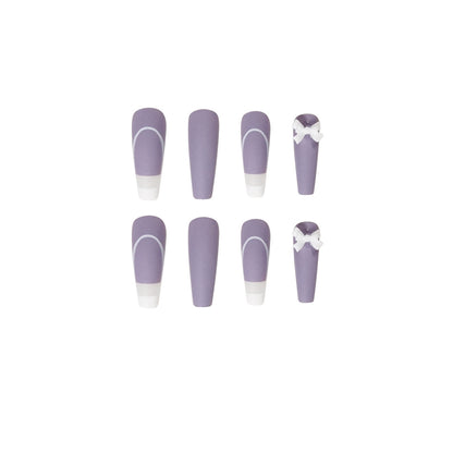 Coffin Press-On Nails - Matte Purple French with 3D Bow
