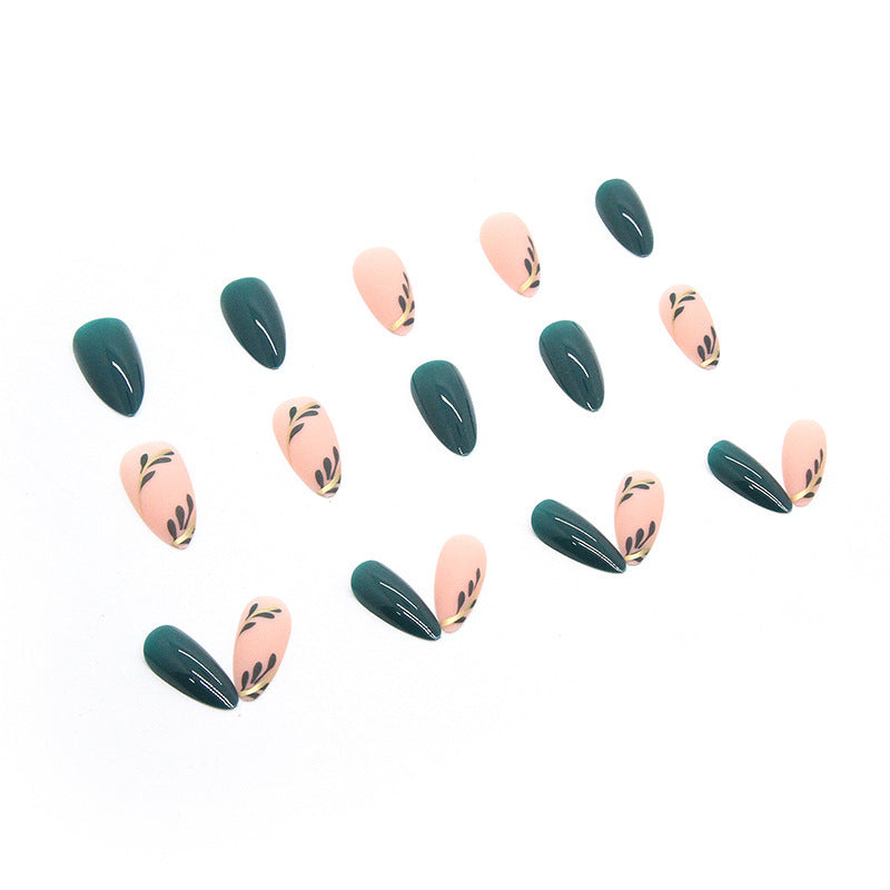 Almond Press-On Nails - Forest Green & Nude with Gold Leaves