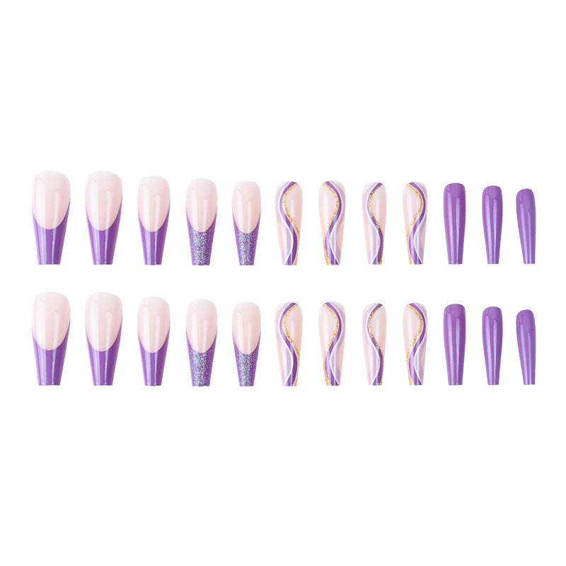 Long Coffin Press-On Nails - Purple Swirls & Glitter Tips