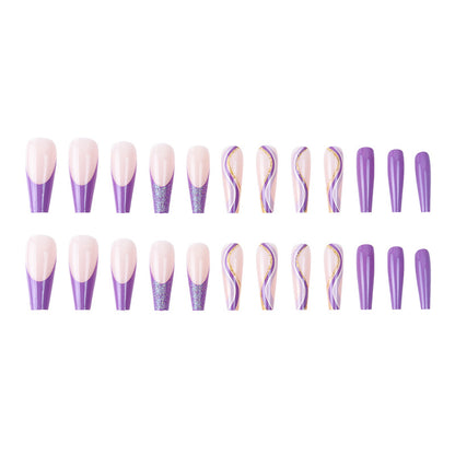 Long Coffin Press-On Nails - Purple Swirls & Glitter Tips