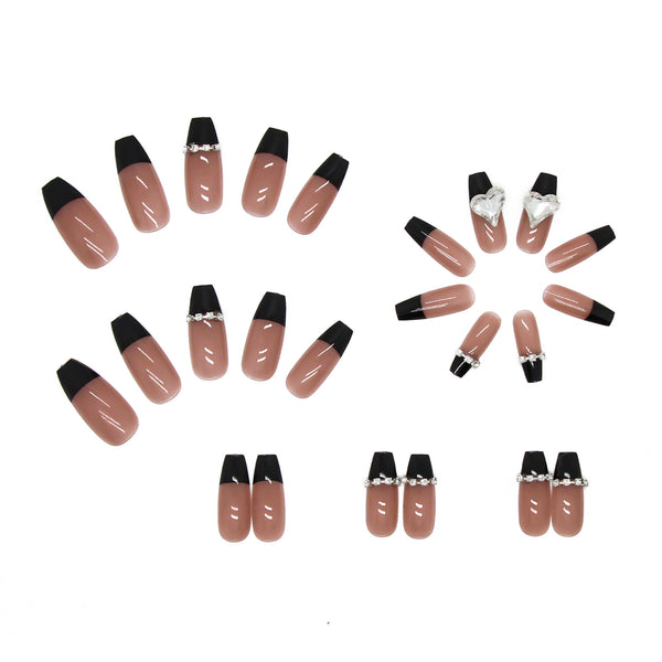 Long Coffin Press-On Nails - Nude & Black French with 3D Heart
