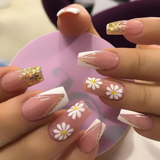 Long Coffin Press-On Nails - Daisy & Rose Gold V-French Tips