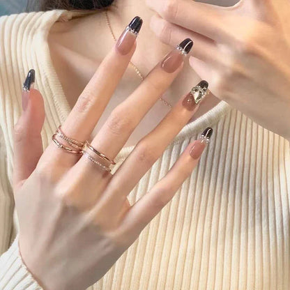 Long Coffin Press-On Nails - Nude & Black French with 3D Heart