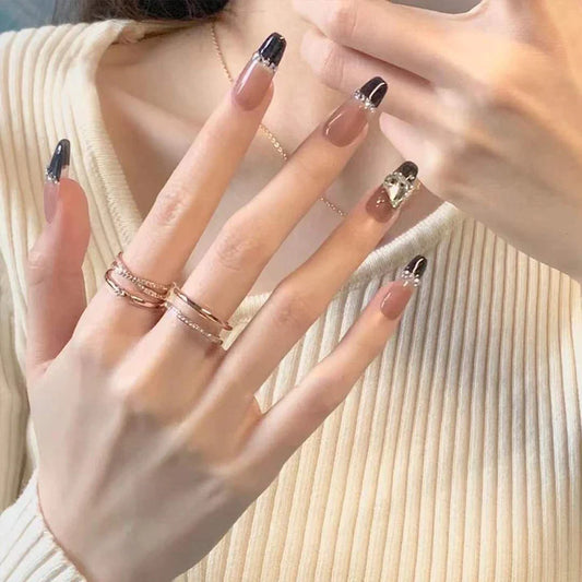 Long Coffin Press-On Nails - Nude & Black French with 3D Heart
