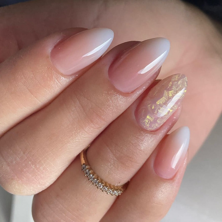 Almond Press-On Nails - Pink & White Ombre with Gold Flakes