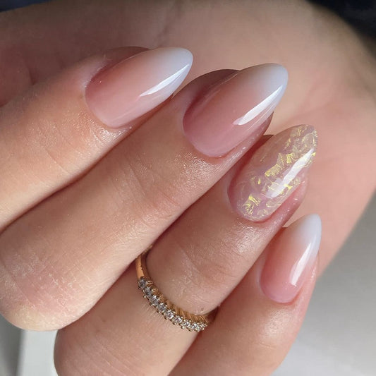 Almond Press-On Nails - Pink & White Ombre with Gold Flakes