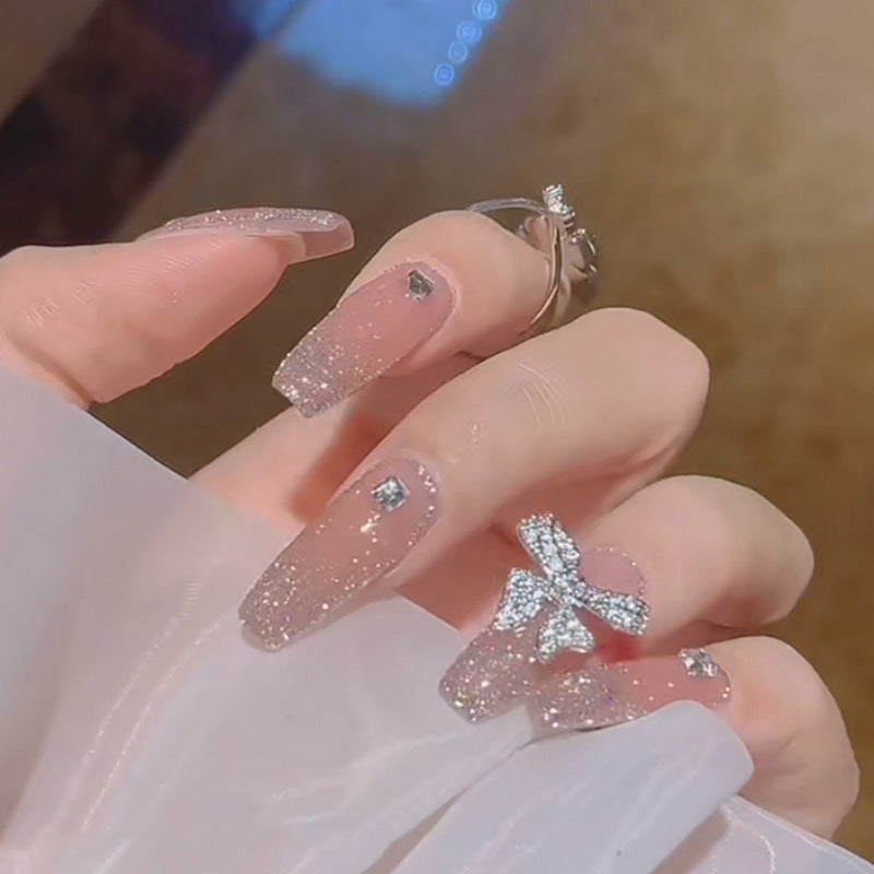 Coffin Press-On Nails - Nude Pink with Glitter & 3D Butterfly