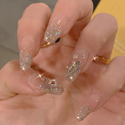 Wistaria Long Coffin Press-On Nails - Pink Glitter & Rhinestones