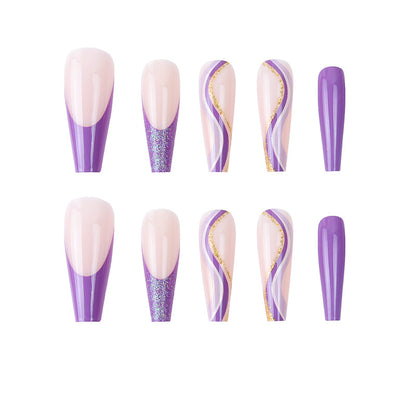 Long Coffin Press-On Nails - Purple Swirls & Glitter Tips