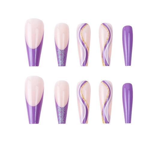Long Coffin Press-On Nails - Purple Swirls & Glitter Tips