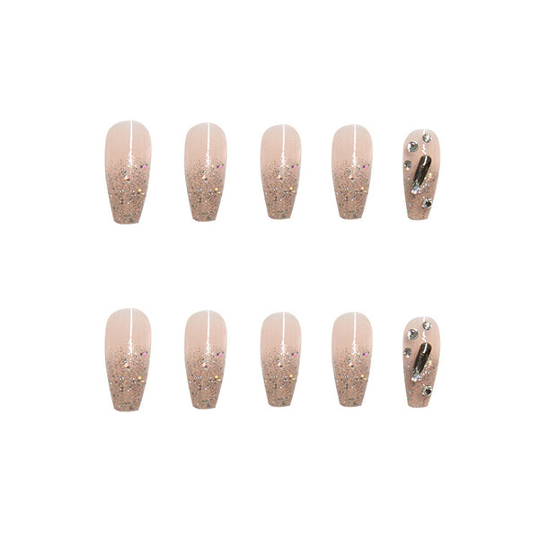 Wistaria Long Coffin Press-On Nails - Pink Glitter & Rhinestones