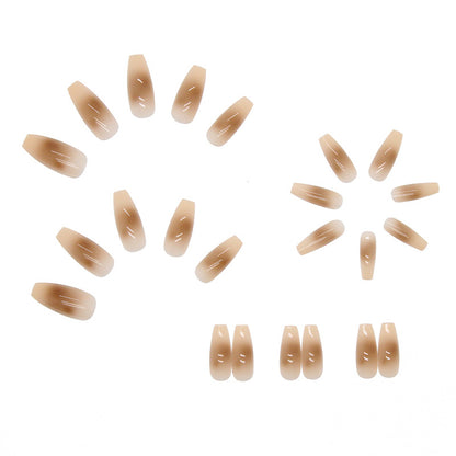 Long Coffin Press-On Nails - Sheer Nude with Mocha Brown Aura Design