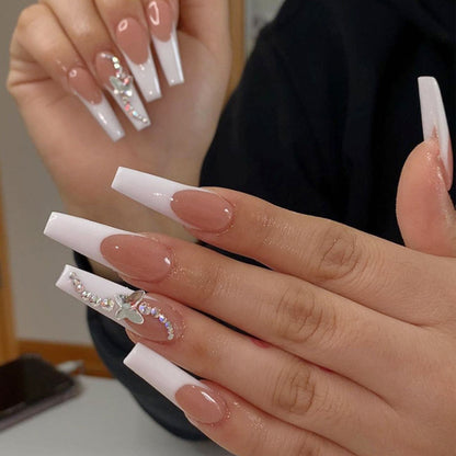 Coffin Press-On Nails - White French Tip & 3D Butterfly