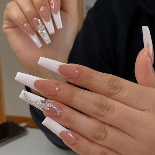 Coffin Press-On Nails - White French Tip & 3D Butterfly