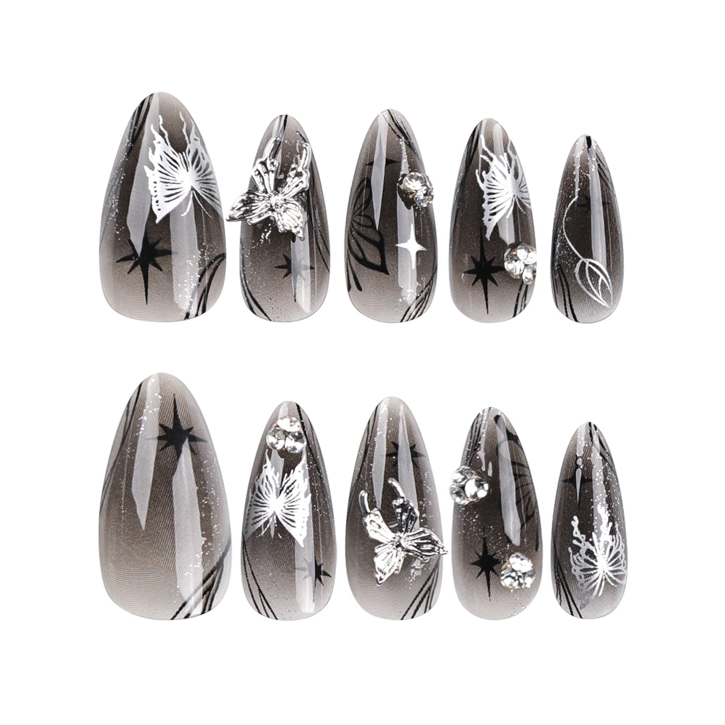 Almond Press-On Nails - Grey Ombre with Silver Butterflies