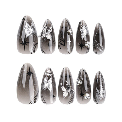 Almond Press-On Nails - Grey Ombre with Silver Butterflies
