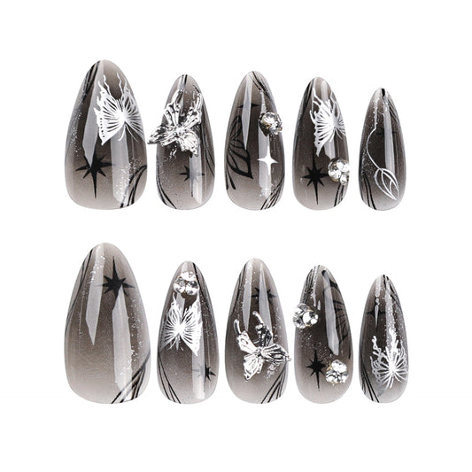 Almond Press-On Nails - Grey Ombre with Silver Butterflies