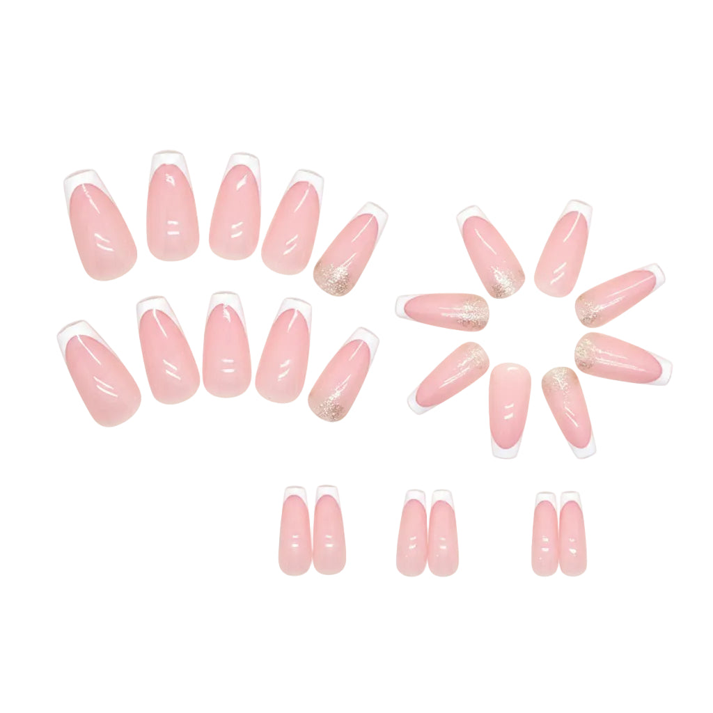 Coffin Press-On Nails - Pink & White French Tip with Glitter