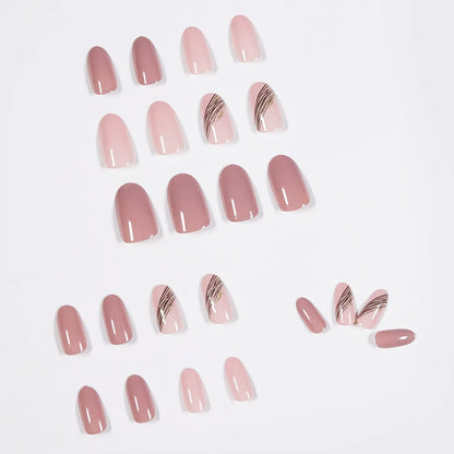 Short Almond Press-On Nails - Pink with Slanted Lines & Gold