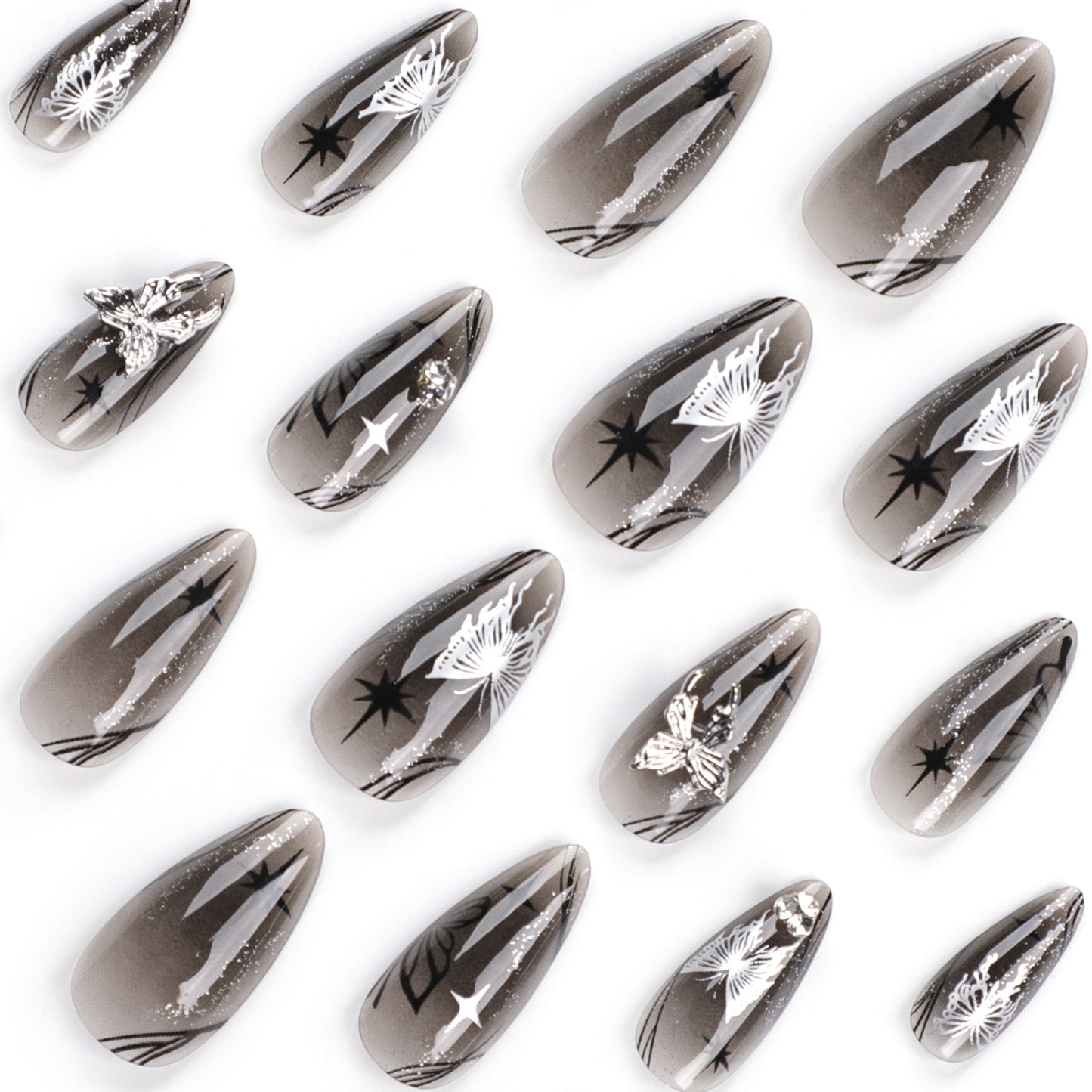 Almond Press-On Nails - Grey Ombre with Silver Butterflies
