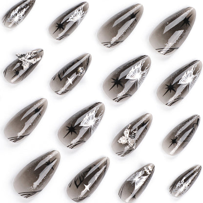 Almond Press-On Nails - Grey Ombre with Silver Butterflies