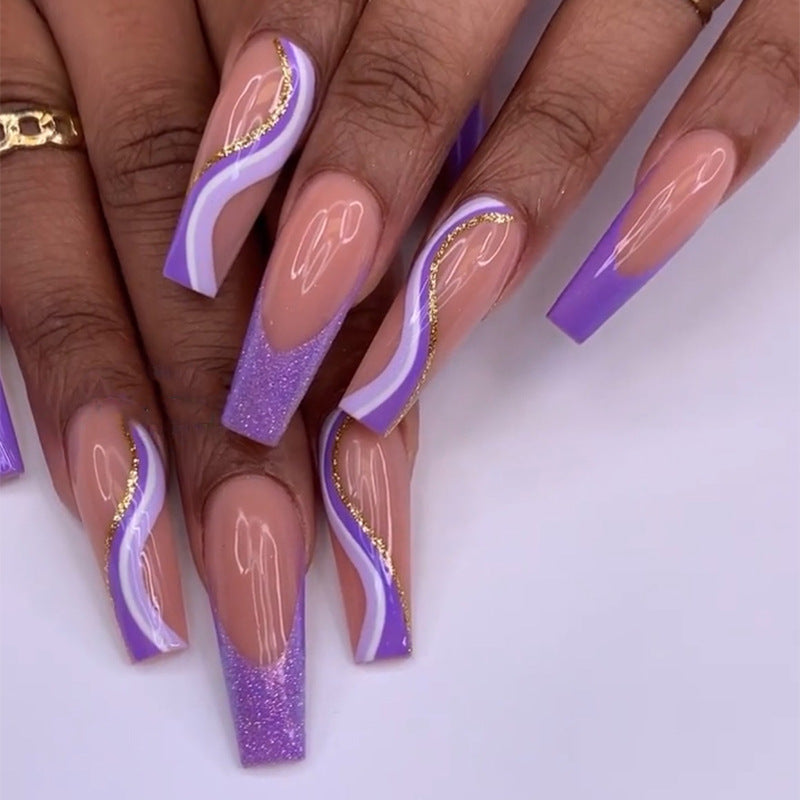 Long Coffin Press-On Nails - Purple Swirls & Glitter Tips